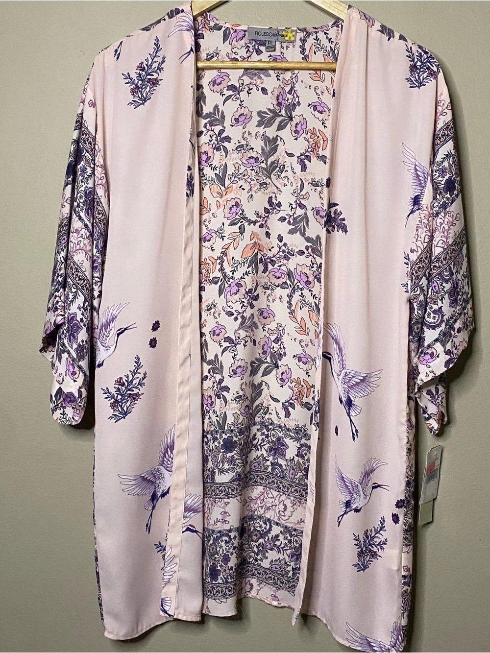 Figueroa & Flower Open Front Sheer Kimono Cover Up Women PL Pink Floral Boho New